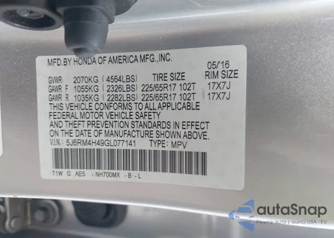 2016 Honda Cr-V Se from USA, damaged, VIN 5J6RM4H49GL077141